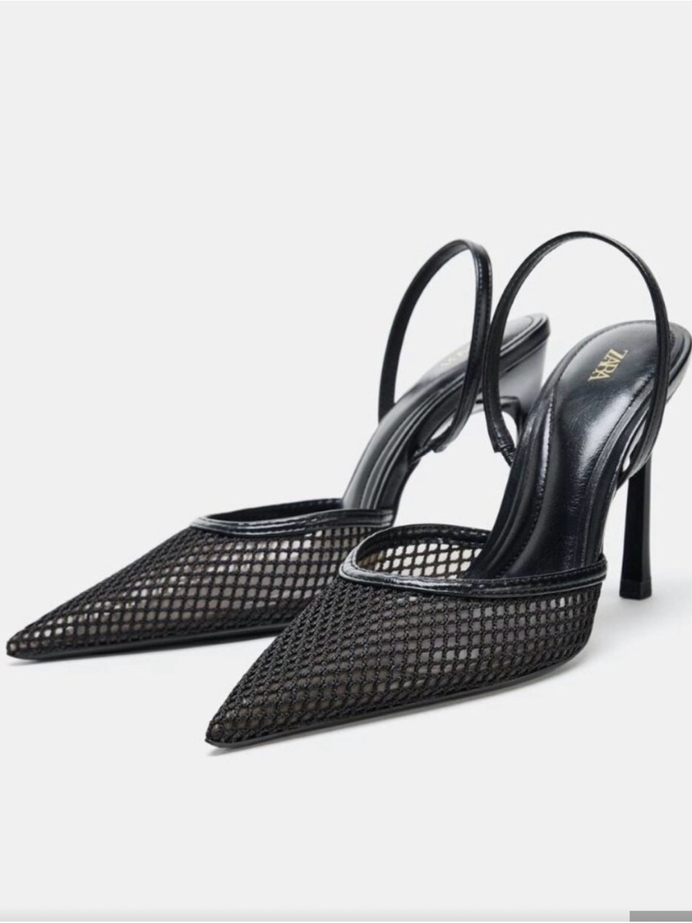 Zara Black Mesh Pointed Toe Slingback Heels - Picture 2 of 5